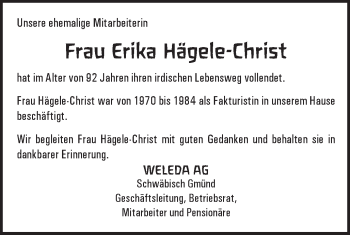 Traueranzeige von Erika Hägele-Christ von Gmünder Tagespost