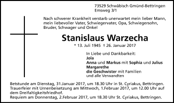 Traueranzeige von Stanislaus Warzecha von Gmünder Tagespost