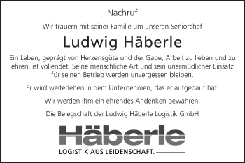Traueranzeige von Ludwig Häberle von Gmünder Tagespost