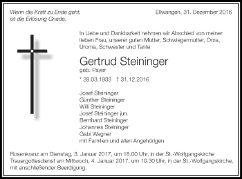 Traueranzeige von Gertrud Steininger von Schwäbische Post