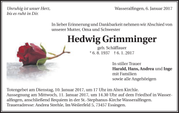 Traueranzeige von Hedwig Grimminger von Schwäbische Post