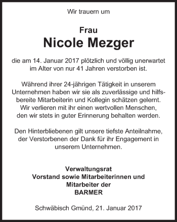 Traueranzeige von Nicole Mezger von Gmünder Tagespost