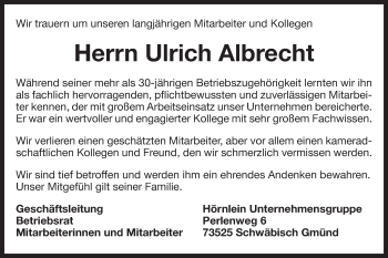 Traueranzeige von Ulrich Albrecht von Gmünder Tagespost