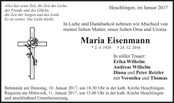 Traueranzeige von Maria Eisenmann von Gmünder Tagespost
