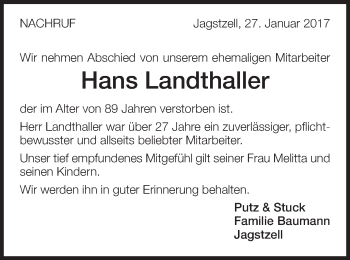 Traueranzeige von Hans Landthaller von Schwäbische Post