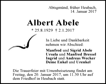 Traueranzeige von Albert Abele von Gmünder Tagespost