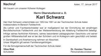 Traueranzeige von Karl Schwarz von Schwäbische Post