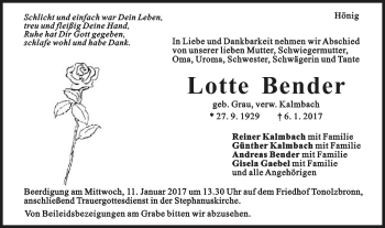 Traueranzeige von Lotte Bender von Gmünder Tagespost
