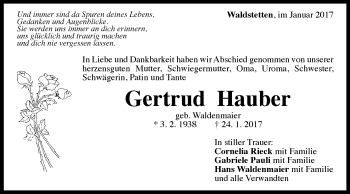 Traueranzeige von Gertrud Hauber von Gmünder Tagespost