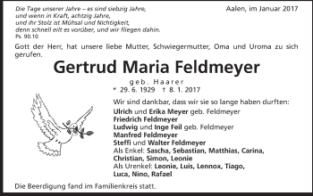 Traueranzeige von Gertrud Maria Feldmeyer von Schwäbische Post
