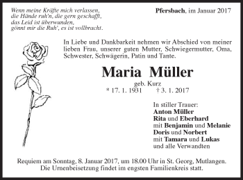 Traueranzeige von Maria Müller von Gmünder Tagespost