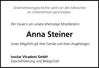 Traueranzeige von Anna Steiner von Schwäbische Post