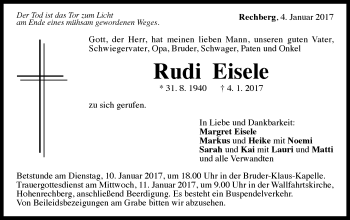 Traueranzeige von Rudi Eisele von Gmünder Tagespost