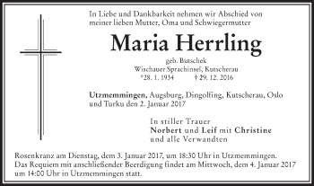 Traueranzeige von Maria Herrling von Schwäbische Post