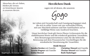 Traueranzeige von Gottfried Menzel von Bopfinger Stadtanzeiger