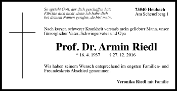 Traueranzeige von Armin Riedl von Gmünder Tagespost