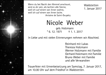 Traueranzeige von Nicole Weber von Gmünder Tagespost