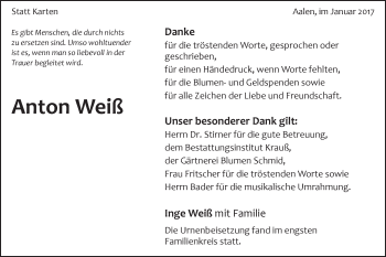 Traueranzeige von Anton Weiß von Schwäbische Post