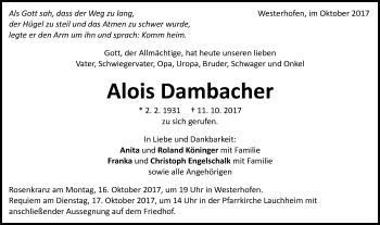 Traueranzeige von Alois Dambacher von Schwäbische Post