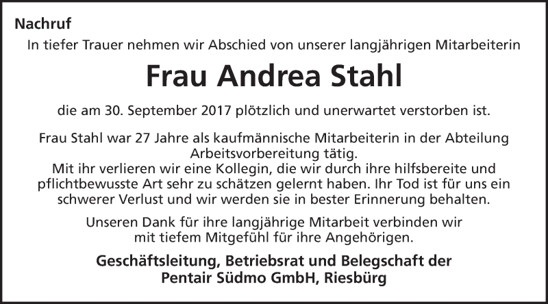  Traueranzeige für Andrea Stahl vom 05.10.2017 aus Schwäbische Post