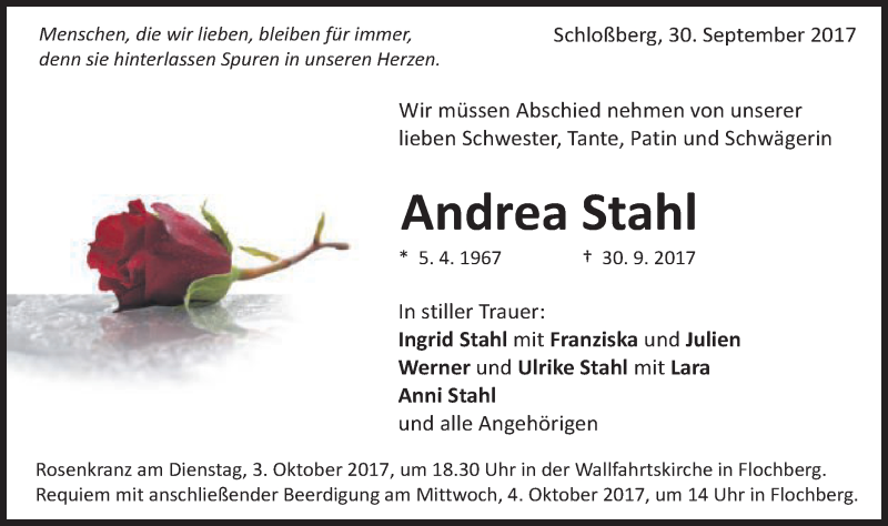  Traueranzeige für Andrea Stahl vom 02.10.2017 aus Schwäbische Post