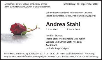 Traueranzeige von Andrea Stahl von Schwäbische Post