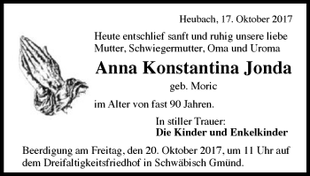 Traueranzeige von Anna Konstantina Jonda von Gmünder Tagespost
