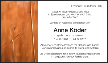 Traueranzeige von Anne Köder von Schwäbische Post