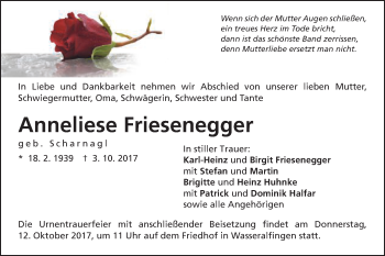 Traueranzeige von Anneliese Friesenegger von Schwäbische Post
