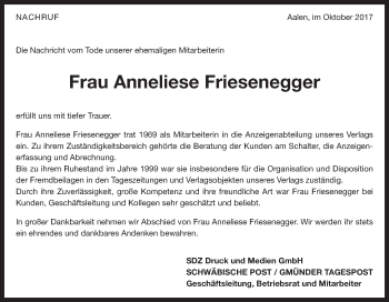 Traueranzeige von Anneliese Friesenegger von Schwäbische Post