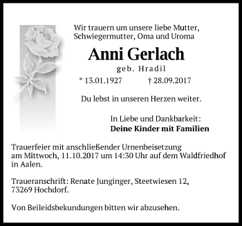 Traueranzeige von Anni Gerlach von Schwäbische Post
