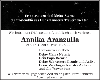 Traueranzeige von Annika Aranzulla von Gmünder Tagespost