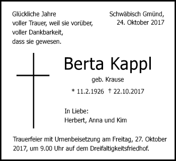 Traueranzeige von Berta Kappl von Gmünder Tagespost