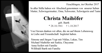 Traueranzeige von Christa Maihöfer von Gmünder Tagespost