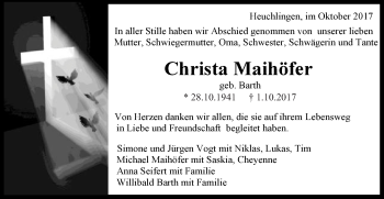 Traueranzeige von Christa Maihöfer