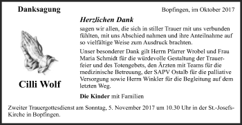 Traueranzeige von Cilli Wolf von Schwäbische Post