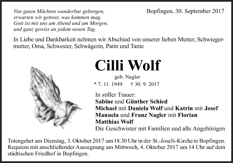  Traueranzeige für Cilli Wolf vom 02.10.2017 aus Schwäbische Post