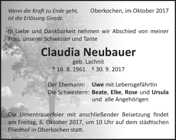 Traueranzeige von Claudia Neubauer von Schwäbische Post