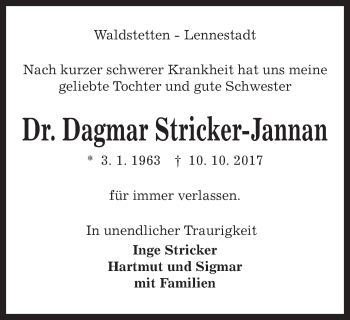 Traueranzeige von Dagmar Stricker-Jannan von Gmünder Tagespost