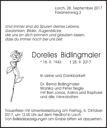 Traueranzeige von Dorelies Bidlingmaier von Gmünder Tagespost