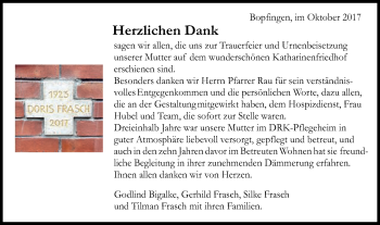 Traueranzeige von Doris Frasch von Schwäbische Post