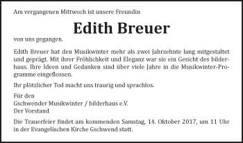 Traueranzeige von Edith Breuer von Gmünder Tagespost