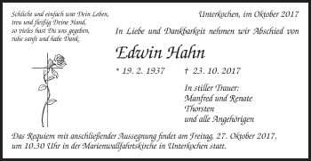 Traueranzeige von Edwin Hahn von Schwäbische Post