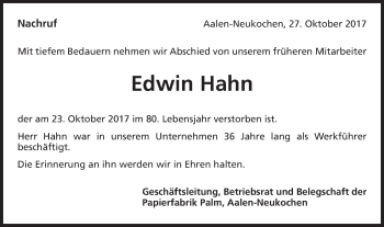 Traueranzeige von Edwin Hahn von Schwäbische Post