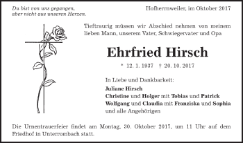 Traueranzeige von Ehrfried Hirsch von Schwäbische Post