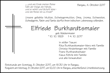 Traueranzeige von Elfriede Burkhardtsmaier von Gmünder Tagespost