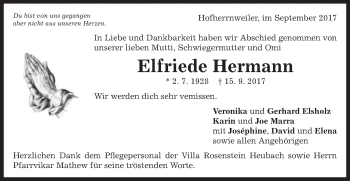 Traueranzeige von Elfriede Hermann von Schwäbische Post