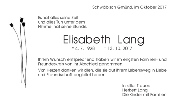 Traueranzeige von Elisabeth Lang von Gmünder Tagespost