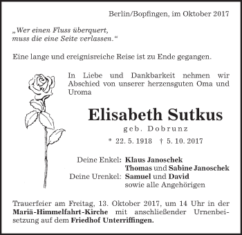Traueranzeige von Elisabeth Sutkus von Schwäbische Post