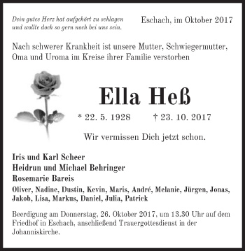 Traueranzeige von Ella Heß von Gmünder Tagespost